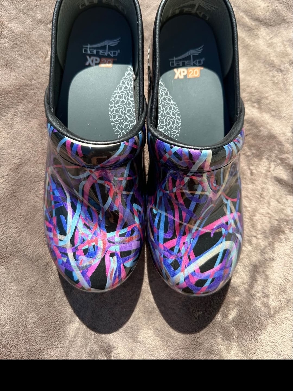 Dansko Black Clogs with Pink Purple Blue Swirl Pattern - Picture 3 of 4